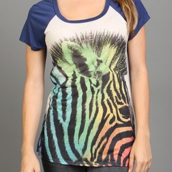NAVY/GRAY TEE WITH BEJEWELED ZEBRA PRINT - Picture 1 of 3